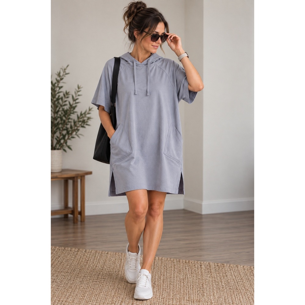 Athleta Cabana Tunic Hoodie Dress Lavender Purple Short Sleeve Pockets Large NWT